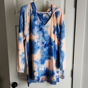 Blue and Peach Tie-Dye V-Neck Hoodie